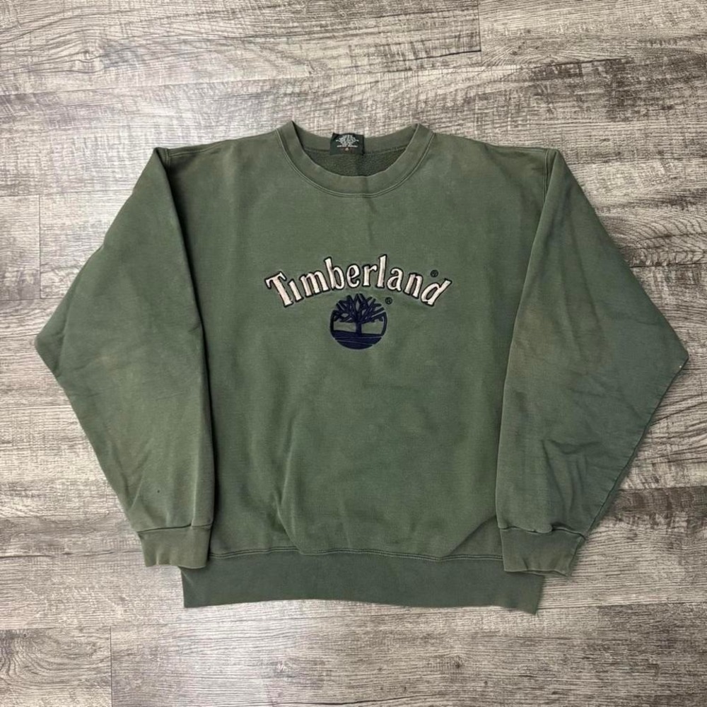 Vintage Y2K Timberland Embroidered Faded Green Distressed Sweatshirt XL